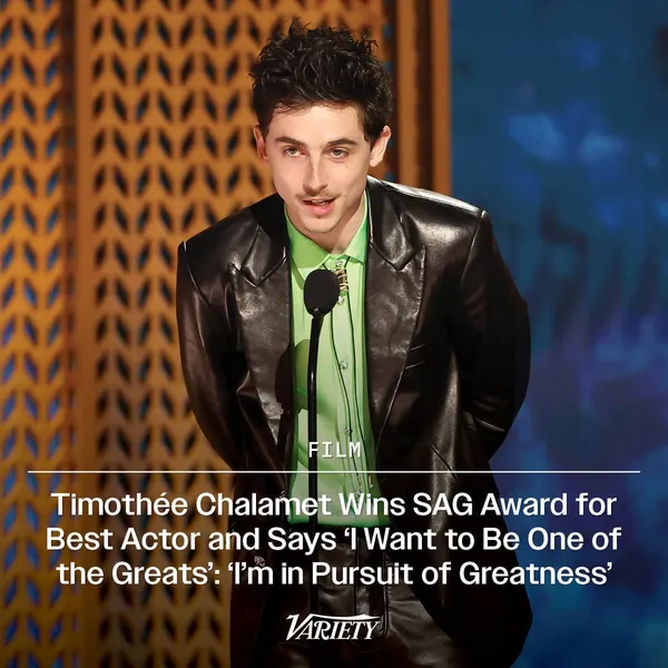 Variety article: Timothée Chalamet at SAG Awards in leather jacket saying he wants to be one of the greats