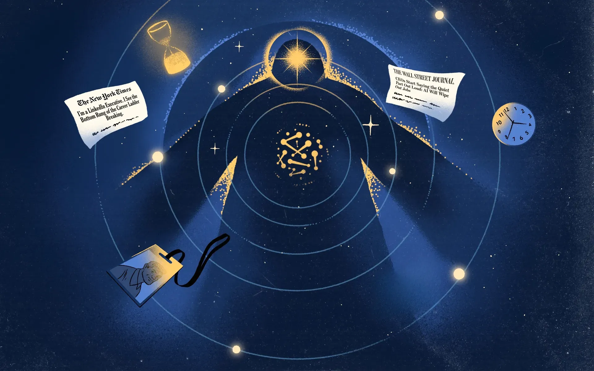 Game Plan hero illustration: silhouetted figure with glowing constellation, surrounded by floating newspaper headlines about AI and careers