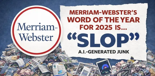 Merriam-Webster Word of the Year 2025 announcement: SLOP, meaning AI-generated junk, with pile of digital debris