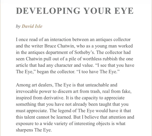 Article excerpt from Developing Your Eye by David Isle about The Eye - the ability to discern art from trash