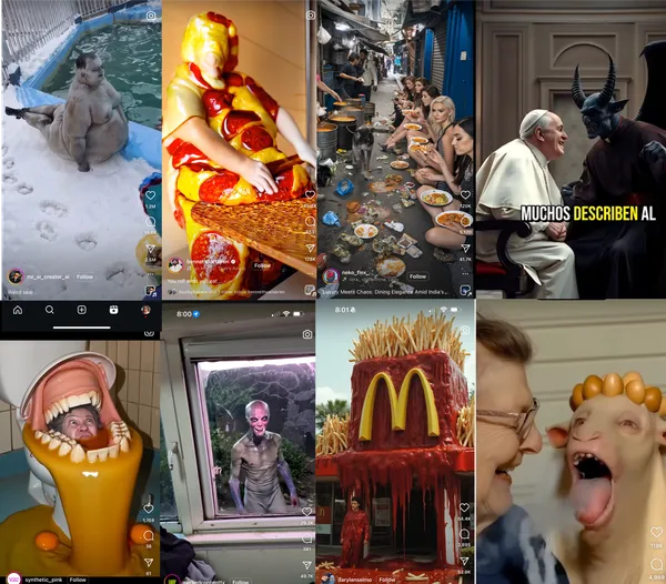 Collage of AI-generated social media images showing surreal and bizarre content like a cat in a pool, a person in a hot dog costume, and other uncanny imagery