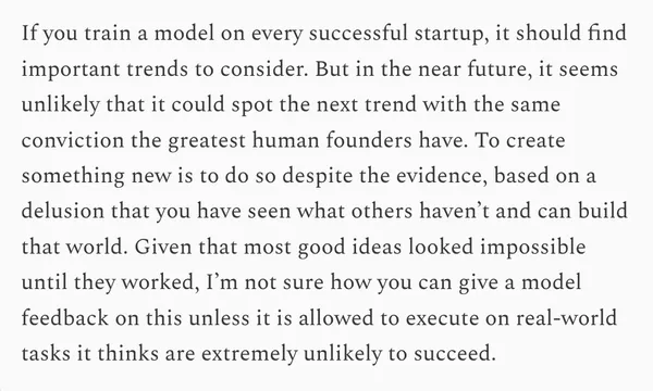 Quote about AI models and startup trends, discussing how good ideas often look impossible until they work