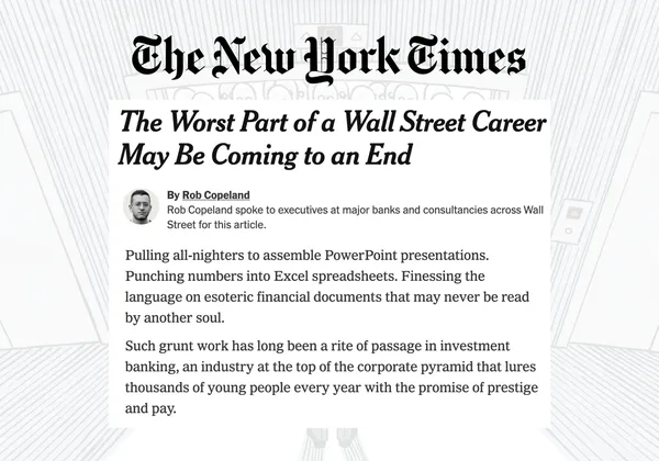 New York Times article excerpt about AI replacing grunt work in Wall Street careers