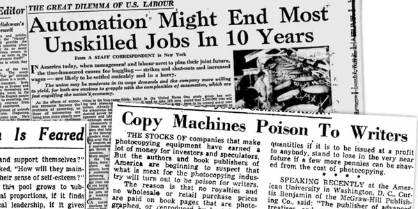Vintage newspaper clippings with headlines about automation ending unskilled jobs and copy machines being poison to writers