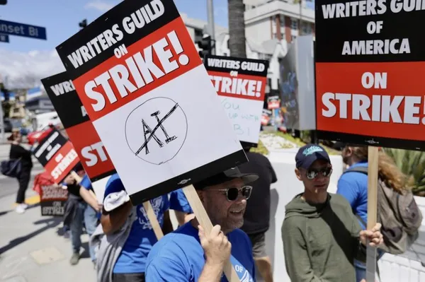 Writers Guild of America members holding strike signs during the 2023 Hollywood writers strike