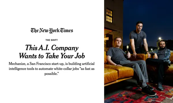 New York Times article titled "This A.I. Company Wants to Take Your Job" about Mechanize startup, with photo of three founders on a couch