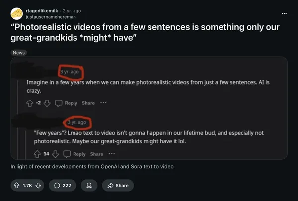 Reddit screenshot showing a 2-year-old comment predicting photorealistic AI video was decades away, proven wrong by recent developments